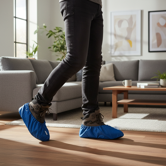 Schoenhoesjes over schoenen in de woonkamer om de vloer schoon te houden